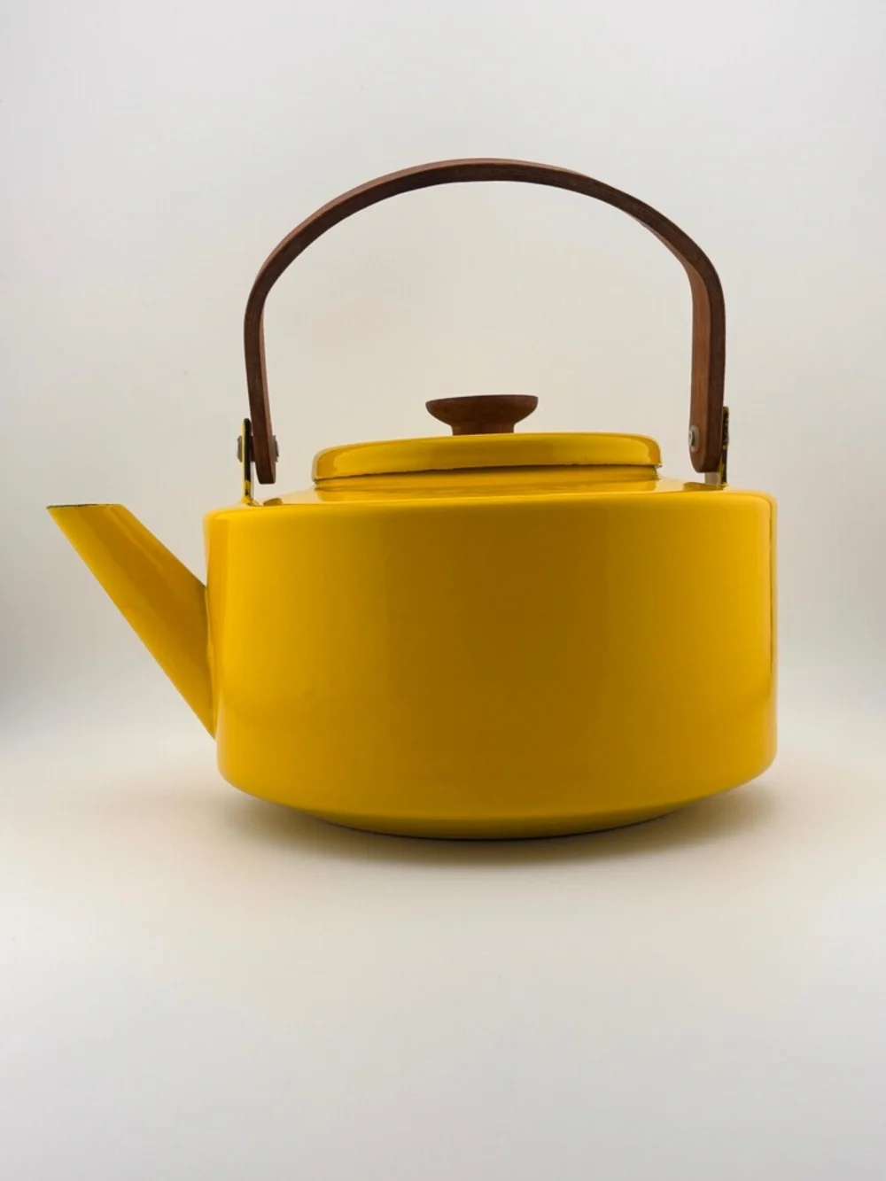 Vintage Copco Yellow Enamel Tea Kettle With Teak Handle And Knob